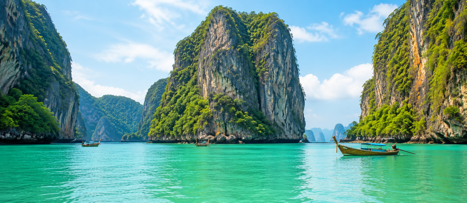 Limestone cliffs and boats in clear water